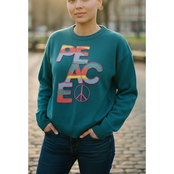 Sundance Colors Of Peace Sweater Teal Rare Rainbow Graphic Soft Wool Blend PXS - Picture 16 of 16